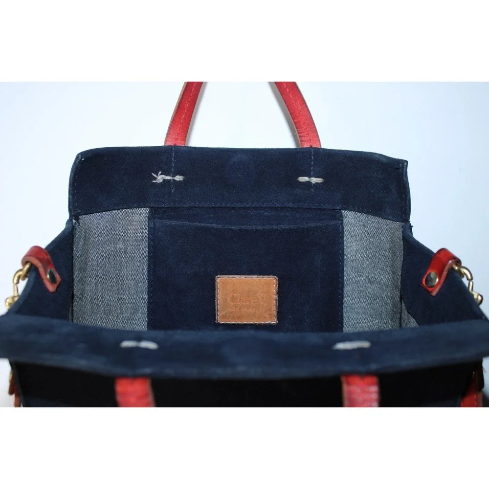 Clare V. Women's Small Navy Blue Red Suede Magnet Closure Bag - Picture 7 of 14